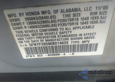 2006 Honda Pilot Ex-L from USA, damaged, VIN 5FNYF28596B014633